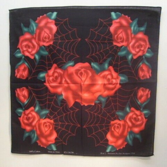 Hippie Rose Accessories - Roses Floral with Spider Web design Bandana Head Wrap Scarf